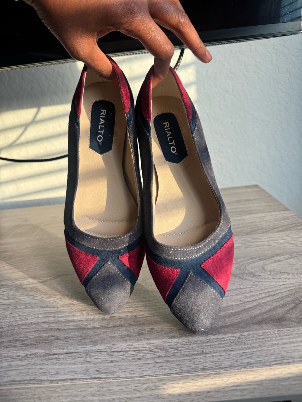 Rialto Adora Pointed-Toe Two-Tone Suede Heels in Burgundy and Navy